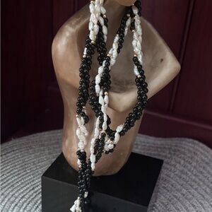 Vintage mother of pearl ,black glass bead necklace, torsade beaded necklace